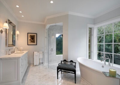 Interior luxury bathroom painted by CB Paint and Decor in elegant white color hues with custom ceiling and stylish trim. Santa Barbara area.